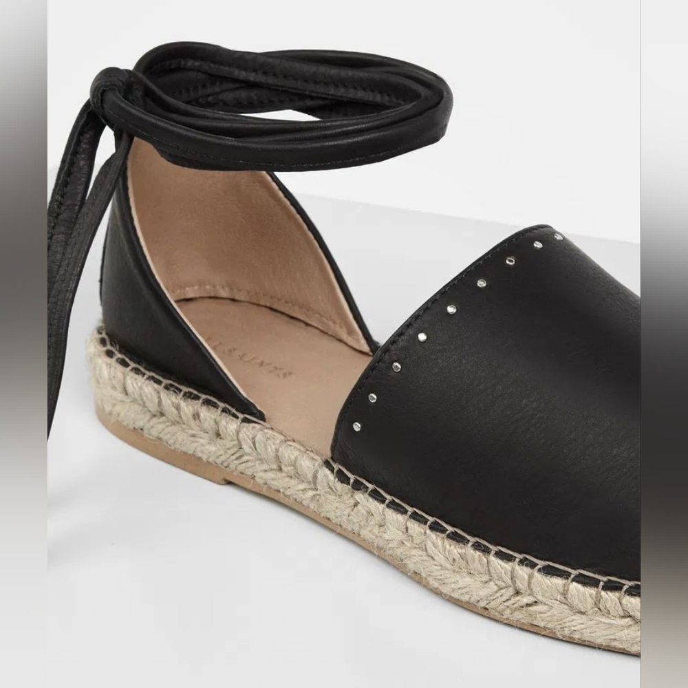 All Saints Black Leather Espadrille Ankle Tie Flats - Picture 8 of 9